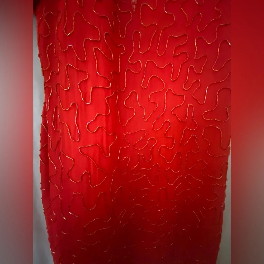 Beaded Red 80’s style Dress with Shoulder Pads Silky Nights New York - Picture 4 of 13